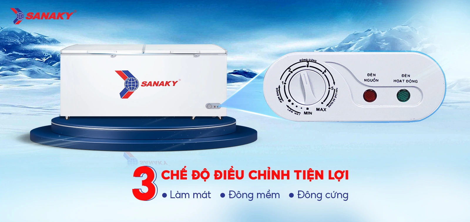 Bảng điều chỉnh 3 chế độ Mát - Đồng mềm - Đông cứng tiện lợi Bảng điều chỉnh 3 chế độ Mát - Đồng mềm - Đông cứng trên Tủ đông 761 lít Sanaky VH-868HY2