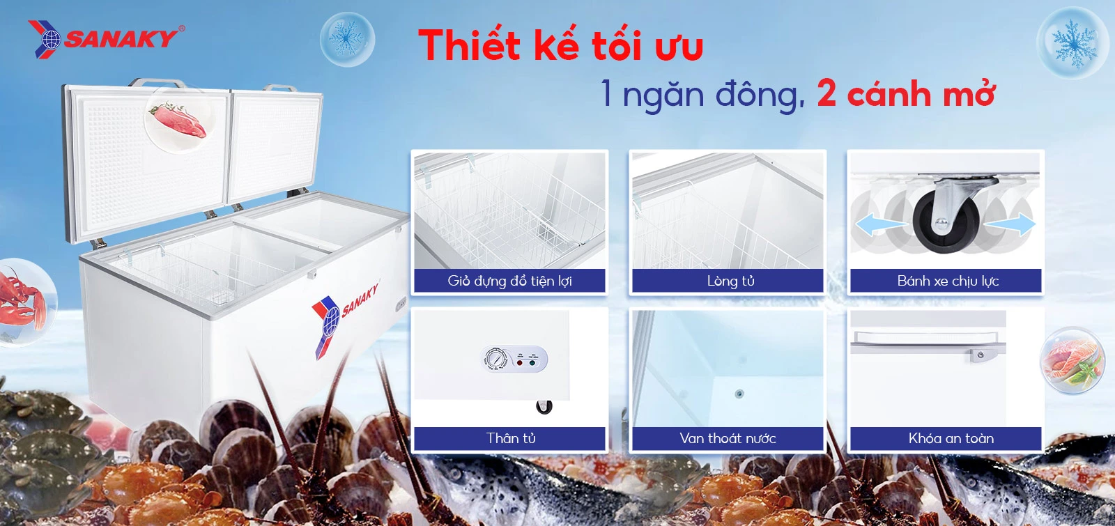 Thiết kế 1 ngăn đông và 1 cánh mở Tủ đông 761 lít Sanaky VH-868HY2 với thiết kế 1 ngăn đông và 2 cánh mở