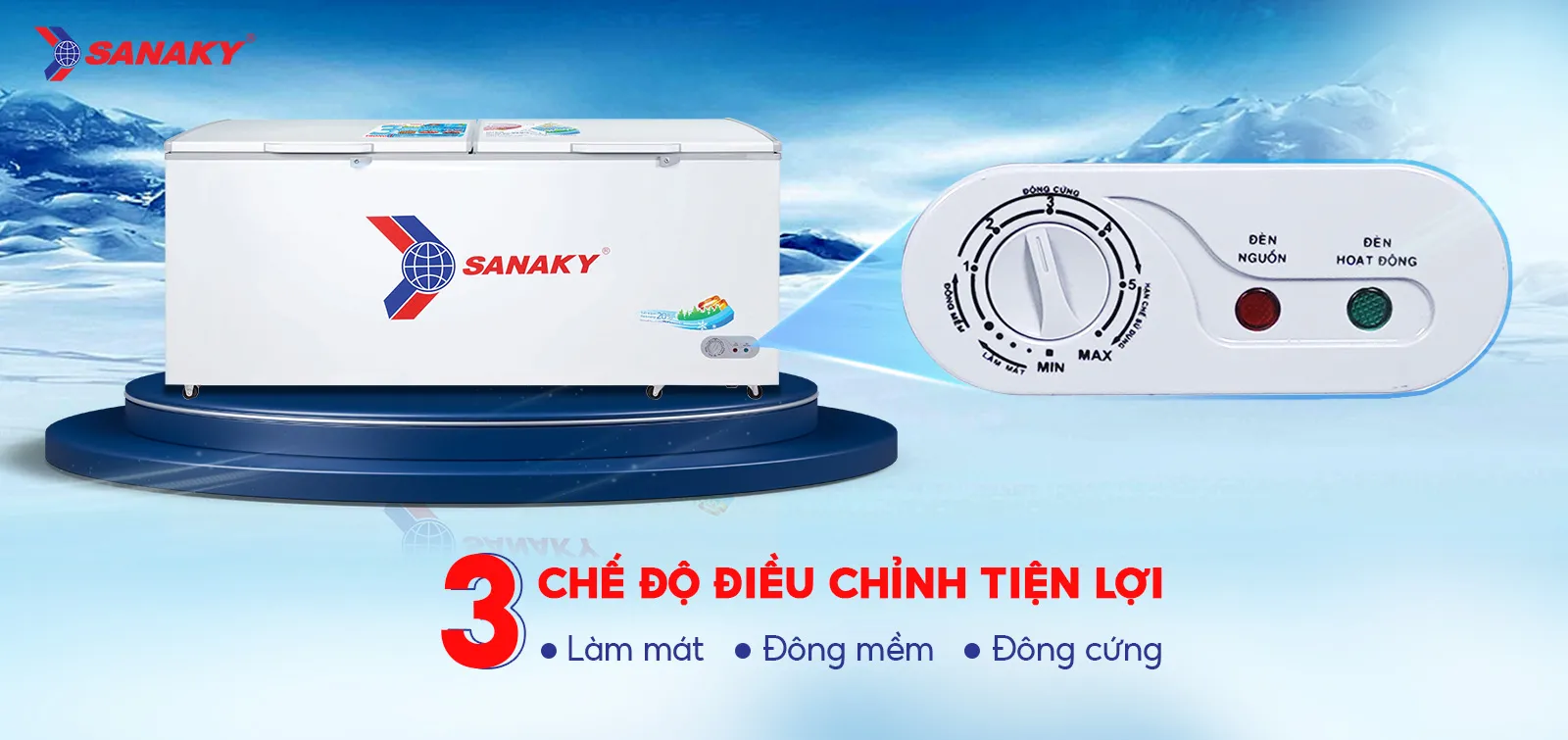 Bảng điều chỉnh 3 chế độ Mát - Đồng mềm - Đông cứng tiện lợi Bảng điều chỉnh 3 chế độ Mát - Đồng mềm - Đông cứng trên Tủ đông 761 lít Sanaky VH-8699HY