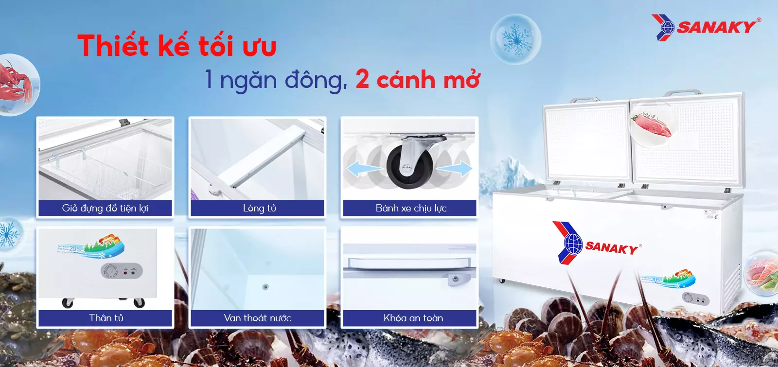 Thiết kế tối ưu 1 ngăn đông 2 cánh mở Tủ đông 761 lít Sanaky VH-8699HY với thiết kế 1 ngăn đông 2 cánh mở