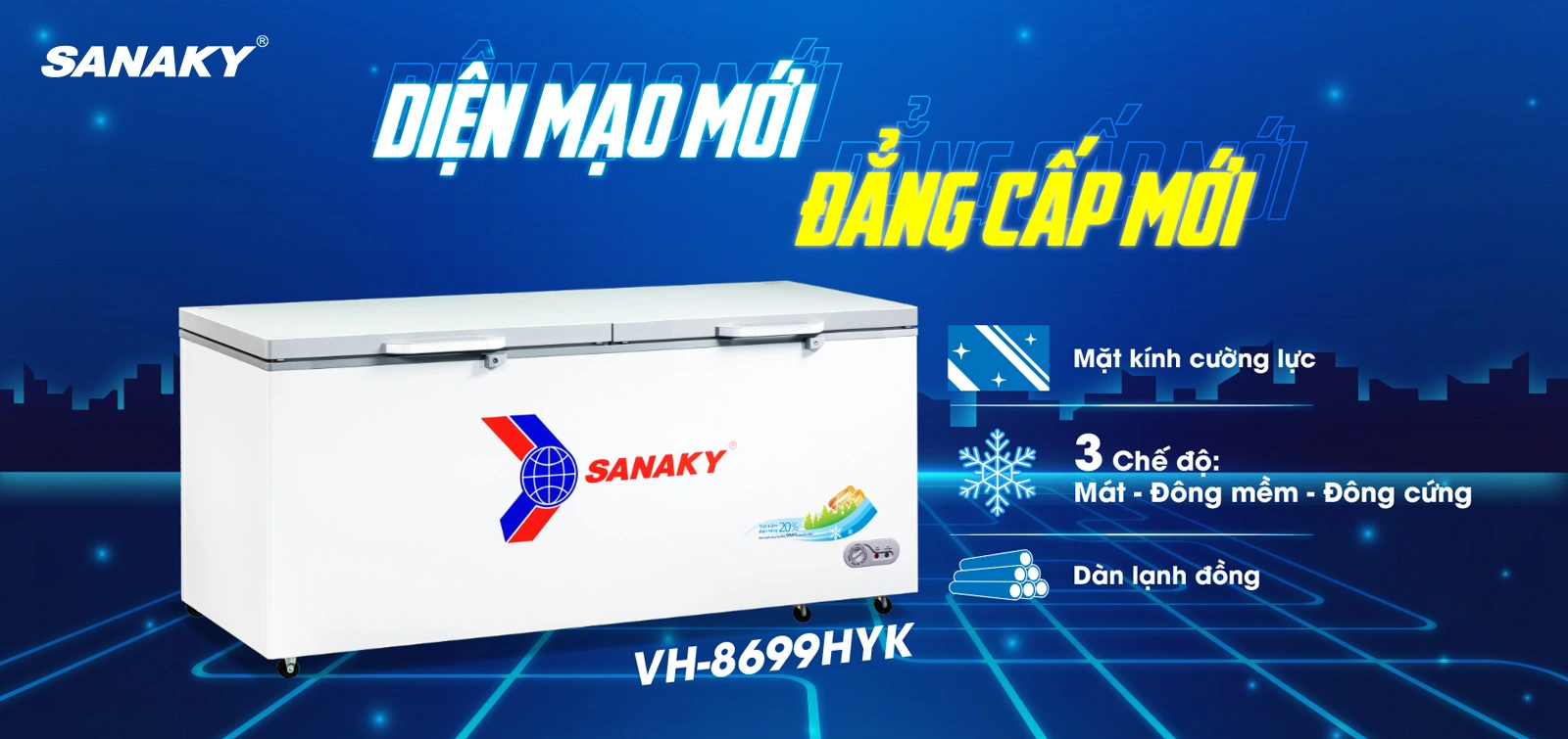 Tủ đông Sanaky VH-8699HYK Tủ đông 761 lít Sanaky VH-8699HYK với mặt kính cường lực và dàn lạnh đồng