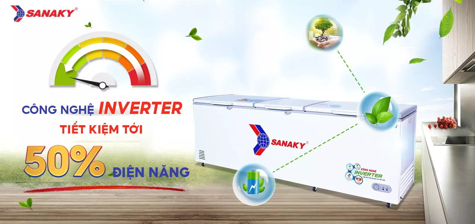 Công nghệ Inverter tiết kiệm tới 50% điện điện năng Tủ đông 900 lít Sanaky Inverter VH-1199HY3 tích hợp công nghệ Inverter tiết kiệm điện năng