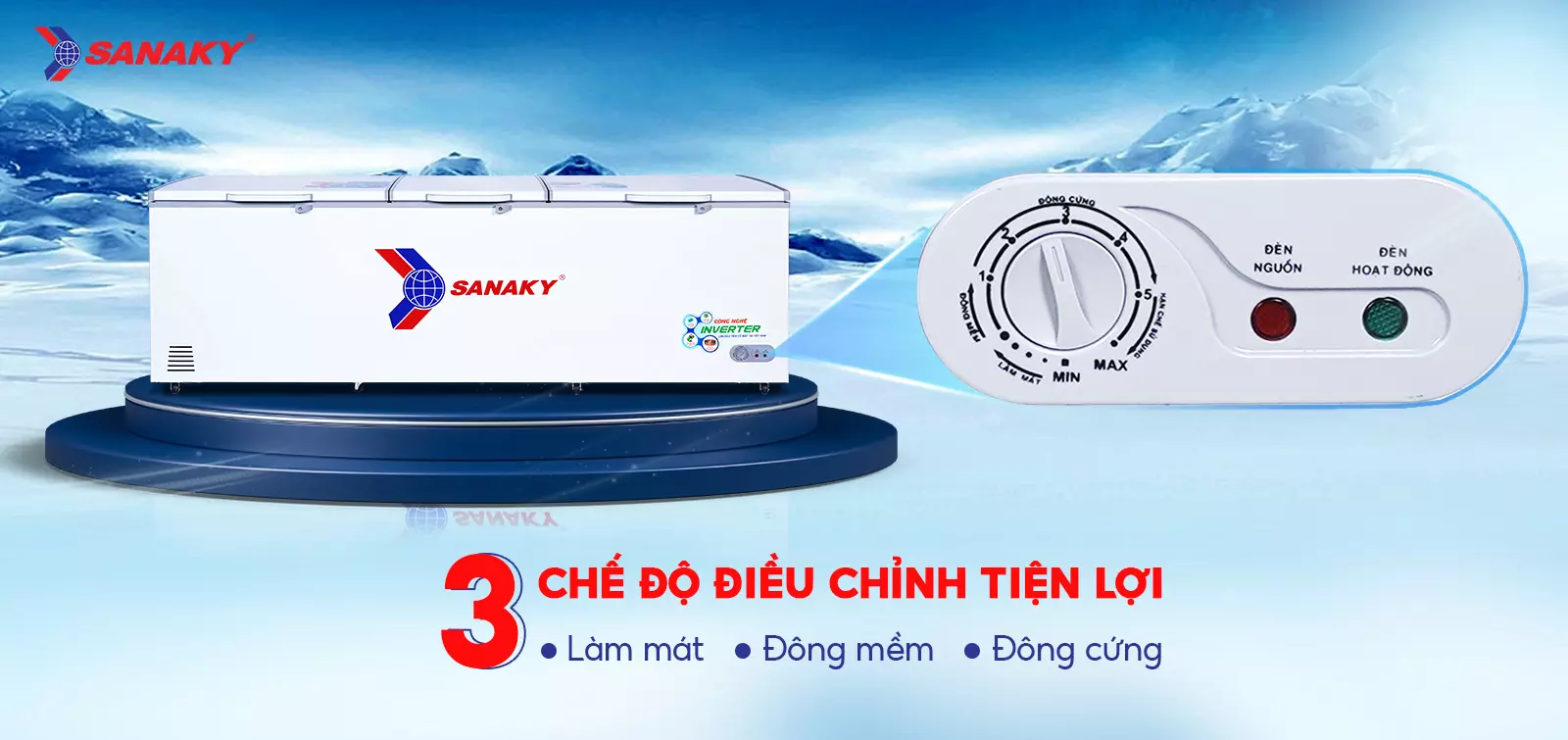 Bảng điều chỉnh 3 chế độ Mát - Đồng mềm - Đông cứng tiện lợi Bảng điều chỉnh 3 chế độ Mát - Đồng mềm - Đông cứng trên Tủ đông 900 lít Sanaky Inverter VH-1199HY3