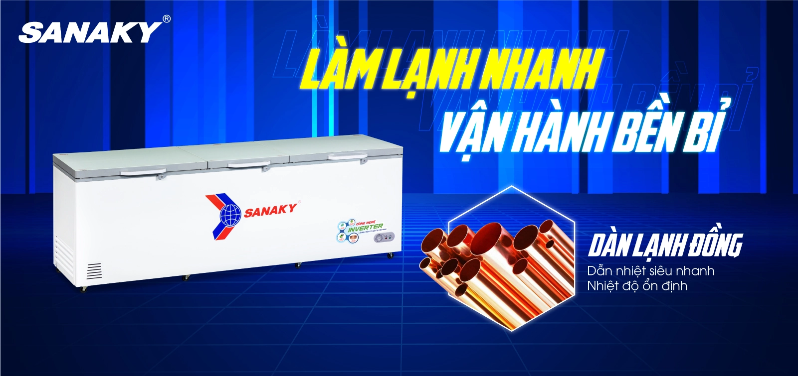 Dàn lạnh bằng đồng kết hợp công nghệ làm lạnh 360 độ Tủ đông 900 lít Sanaky Inverter VH-1199HY4K với dàn lạnh bằng đồng