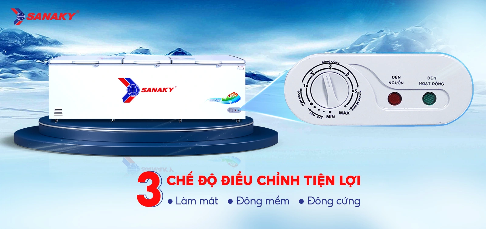 Bảng điều chỉnh 3 chế độ Mát - Đồng mềm - Đông cứng tiện lợi Bảng điều chỉnh 3 chế độ Mát - Đồng mềm - Đông cứng của tủ đông 900 lít Sanaky VH-1199HY