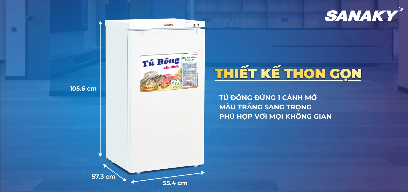 Tủ đông Sanaky VH-160VD được thiết kế 1 ngăn đông dạng đứng với 1 cánh mở Tủ đông đứng 118 lít Sanaky VH-160VD thiết kế thon gọn với một cánh mở
