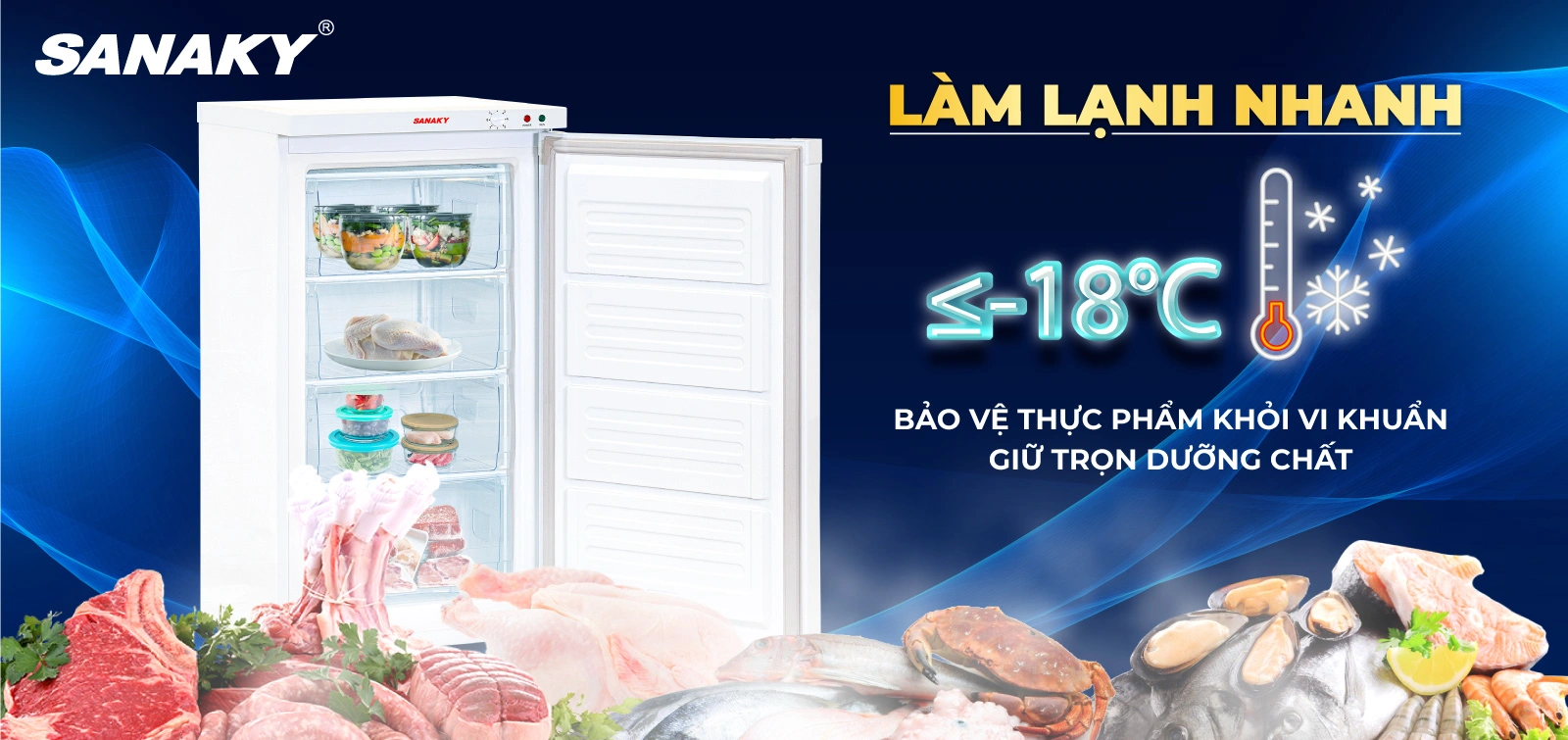 Nhiệt độ ≤-18°C Tủ đông đứng 118 lít Sanaky VH-160VD làm lạnh nhanh ở nhiệt độ ≤-18°C