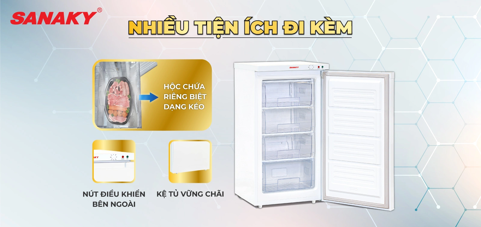 Tủ Đông Sanaky VH-160VD có thiết kế với 5 hộc chứa Tủ đông đứng 118 lít Sanaky VH-160VD với các tiện ích đi kèm