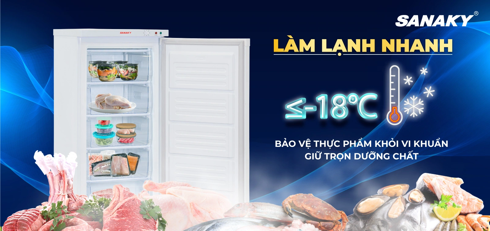 Nhiệt độ ≤-18°C Tủ đông đứng 150 lít Sanaky VH-180VD với khả năng làm lạnh nhanh đạt nhiệt độ ≤-18°C