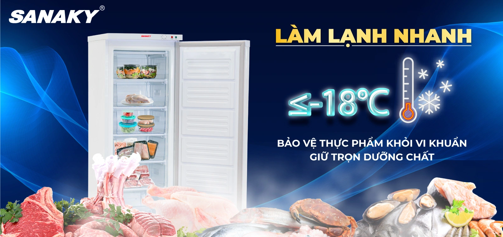 Nhiệt độ ≤-18°C Tủ đông đứng 213 lít Sanaky VH-230VD làm lạnh nhanh ở nhiệt độ ≤-18°C