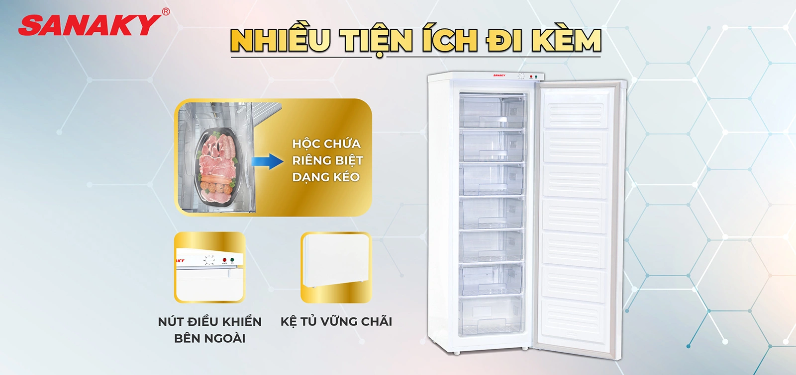 Nhiều tiện ích đi kèm Tủ đông đứng 213 lít Sanaky VH-230VD với nhiều tiện ích đi kèm