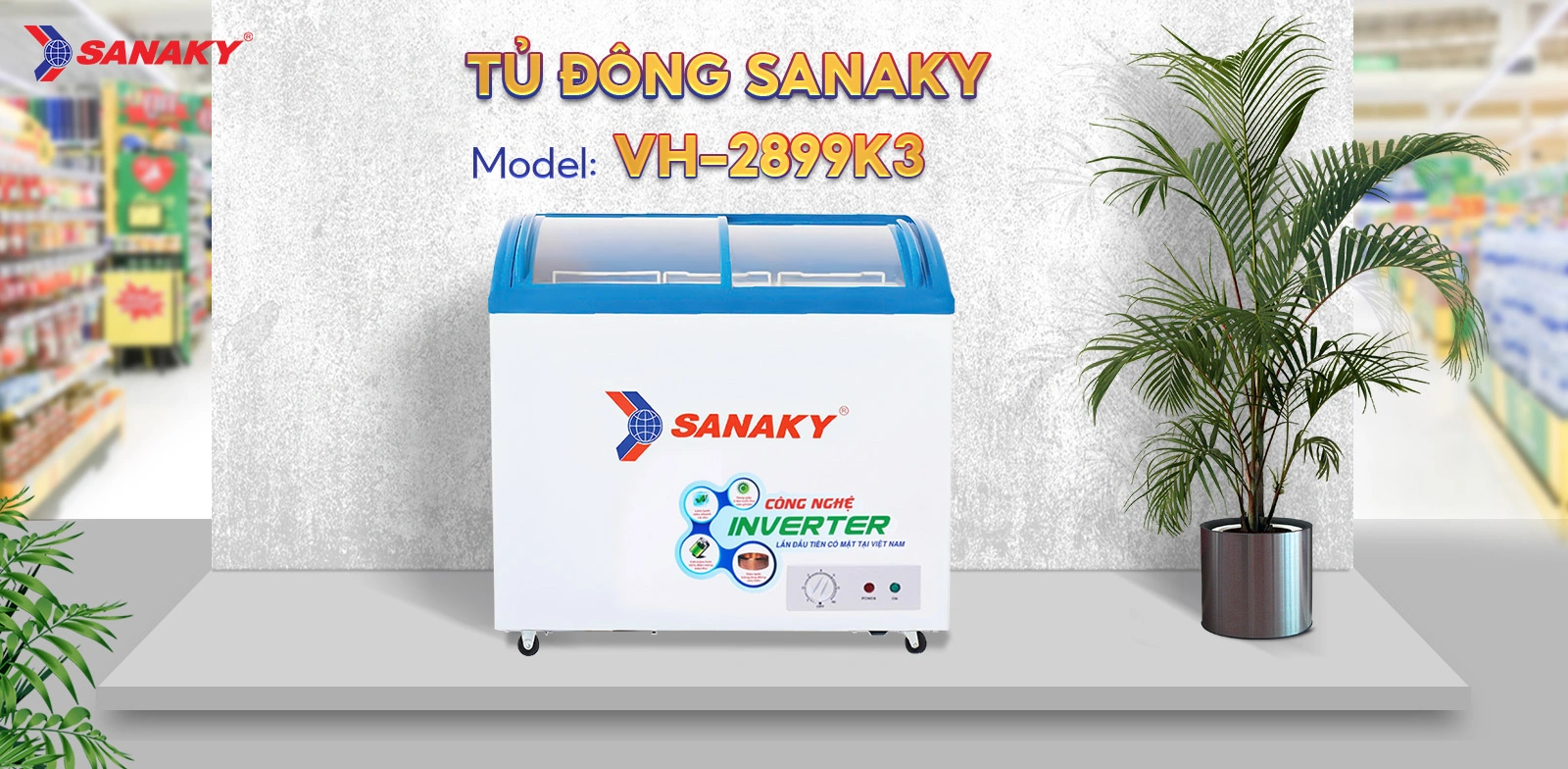 Tủ Đông Sanaky VH-2899K3 Tủ đông kính cong 211 lít Sanaky Inverter VH-2899K3 với mặt kính cong và công nghệ Inverter