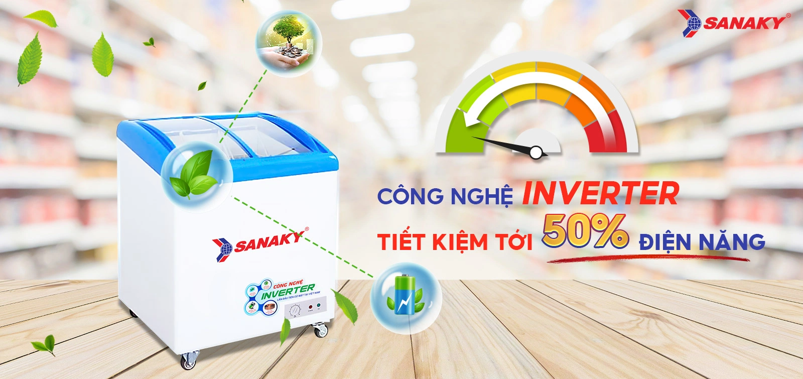 Công nghệ Inverter tiết kiệm tới 50% điện điện năng Tủ đông kính cong 211 lít Sanaky Inverter VH-2899K3 tích hợp công nghệ Inverter tiết kiệm điện năng