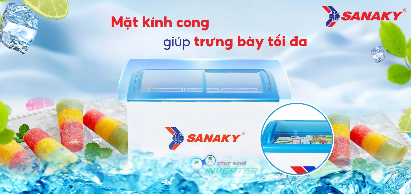 Mặt kính cong giúp trưng bày tối ưu Tủ đông kính cong 211 lít Sanaky Inverter VH-2899K3 với mặt kính cong giúp trưng bày tối ưu
