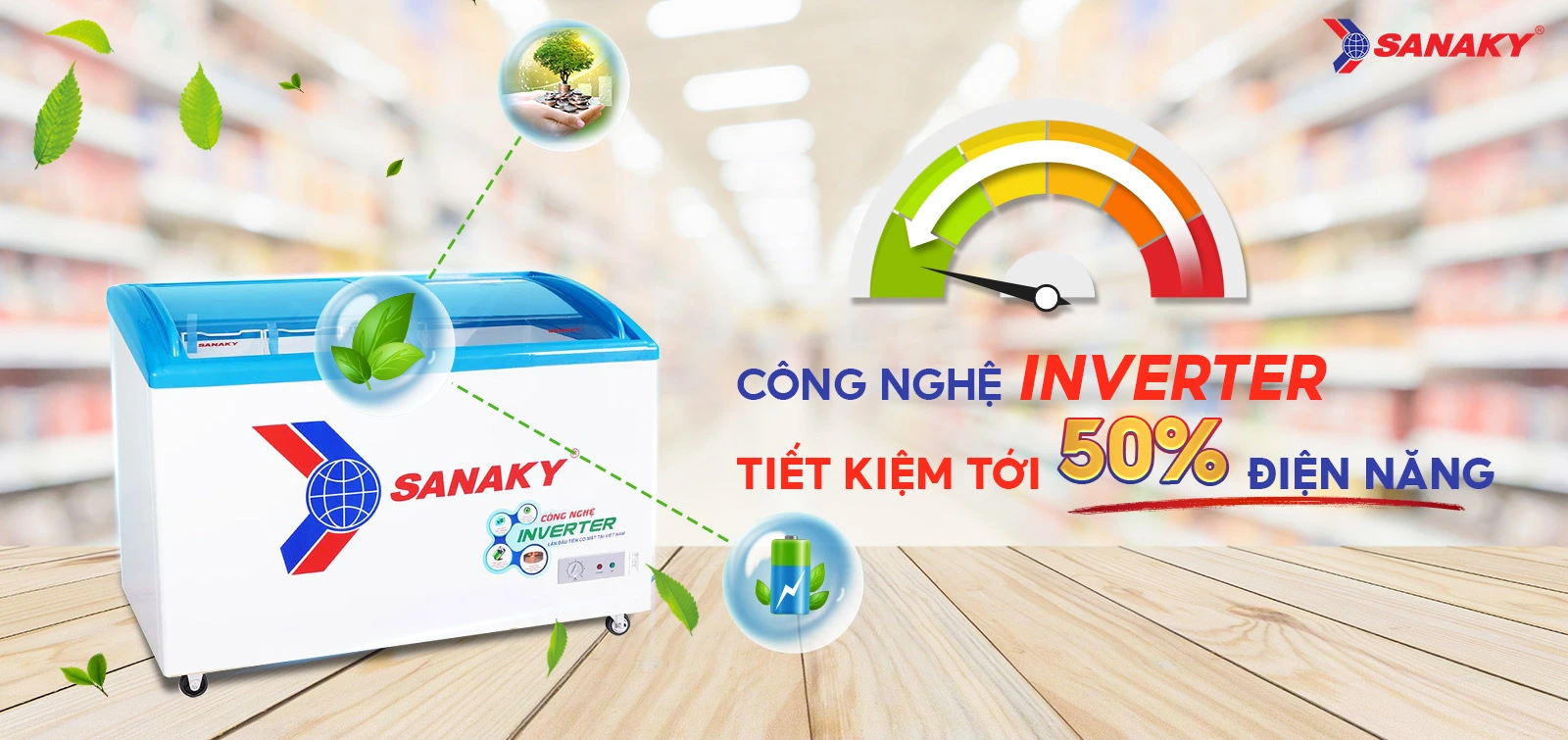 Công nghệ Inverter tiết kiệm tới 50% điện điện năng Tủ đông kính cong 260 lít Sanaky Inverter VH-3899K3 tích hợp công nghệ Inverter tiết kiệm điện