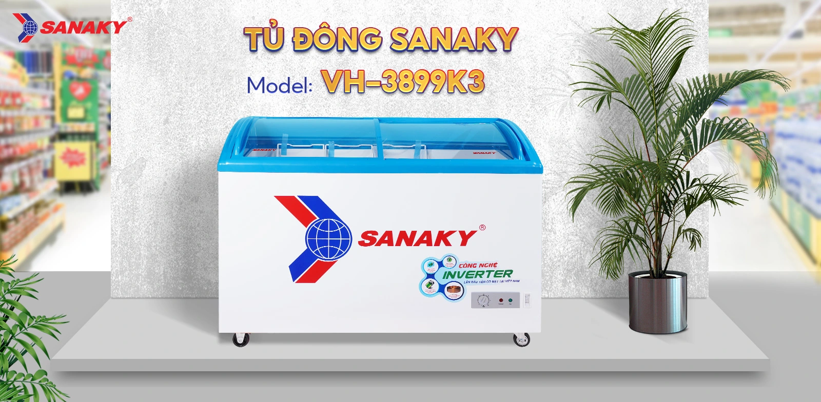 Tủ Đông Sanaky VH-3899K3 Tủ đông kính cong 260 lít Sanaky Inverter VH-3899K3 với mặt kính cong và thiết kế hiện đại