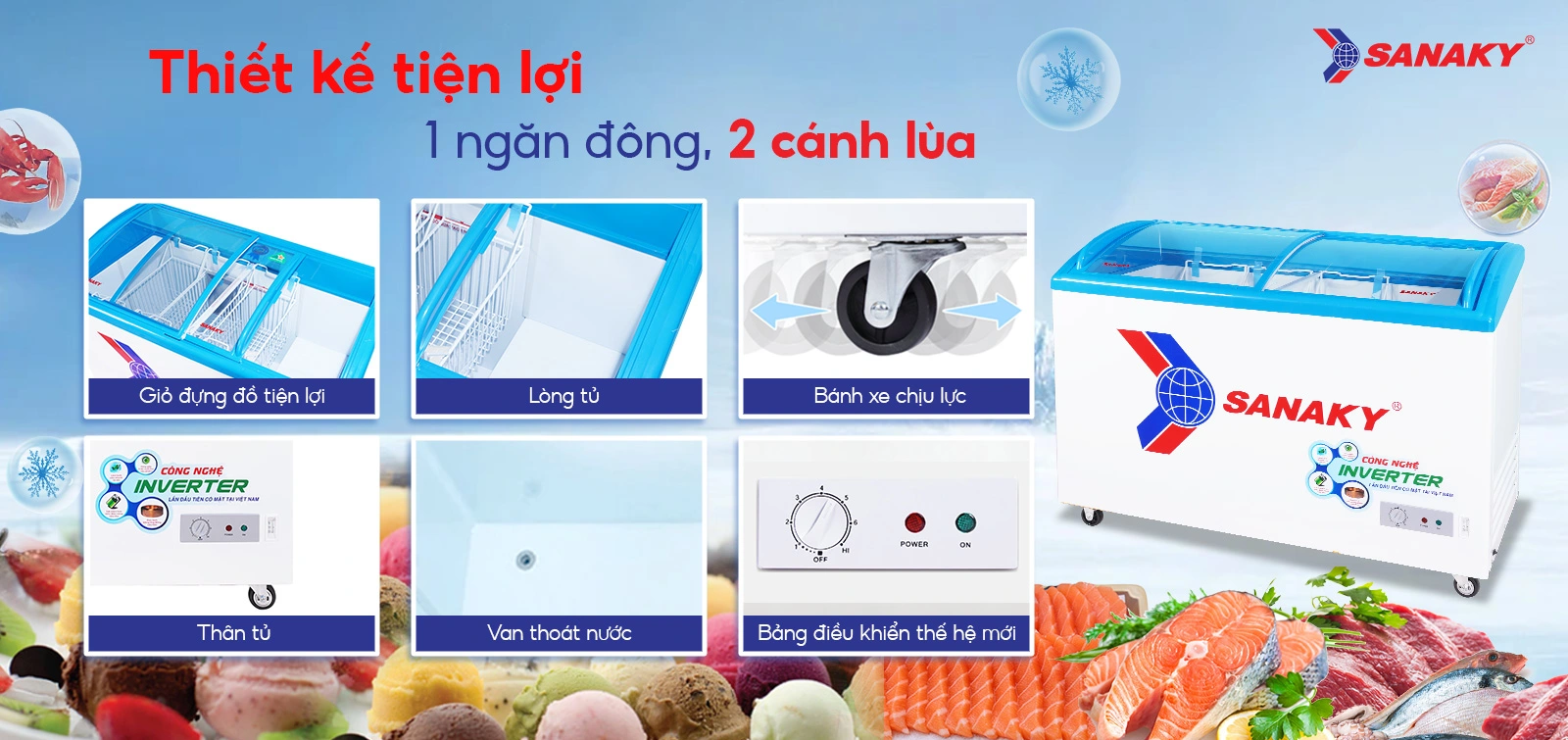 Thiết kế tiện lợi 1 ngăn đông 2 cánh lùa Tủ đông kính cong 260 lít Sanaky Inverter VH-3899K3 với thiết kế 1 ngăn đông 2 cánh lùa