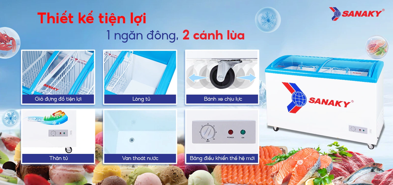 Thiết kế tiện lợi 1 ngăn đông 2 cánh lùa Tủ đông kính cong 260 lít Sanaky VH-382K với thiết kế 1 ngăn đông 2 cánh lùa