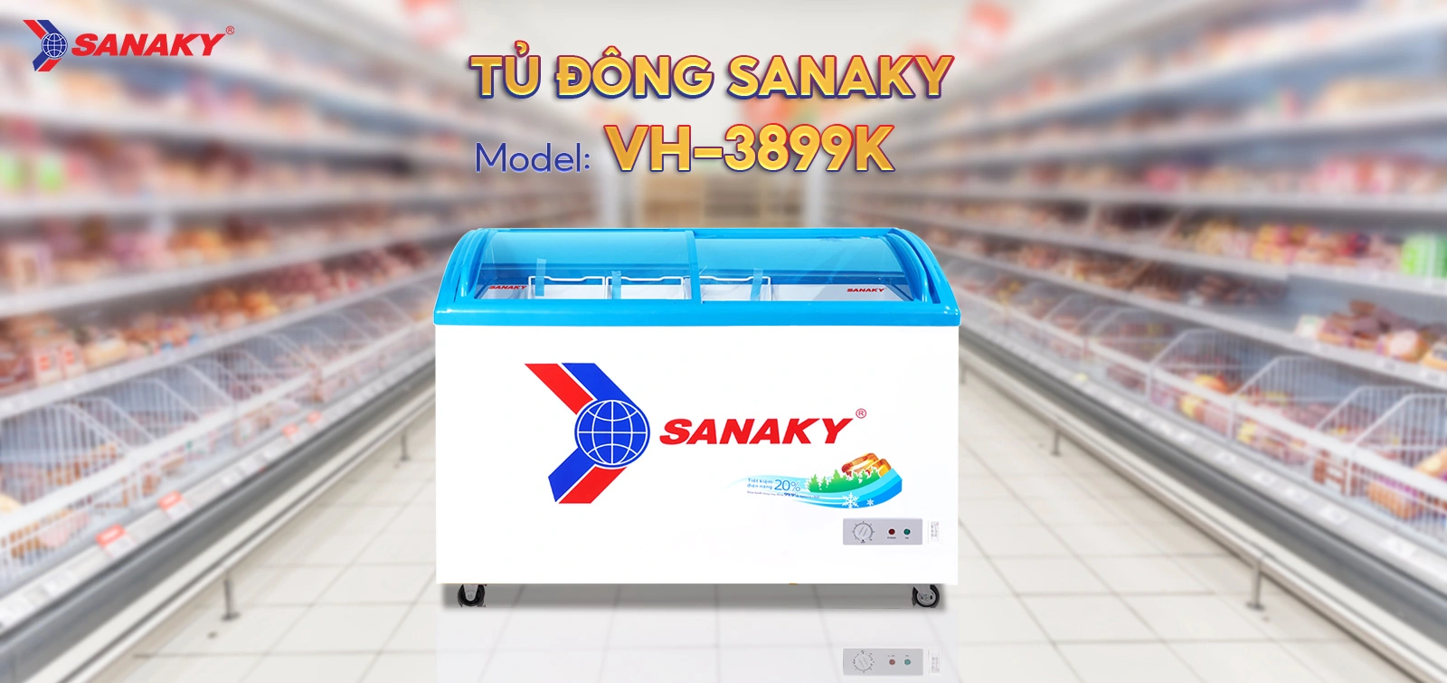 Tủ Đông Sanaky VH-3899K Tủ đông kính cong 260 lít Sanaky VH-3899K với mặt kính cong và cánh lùa