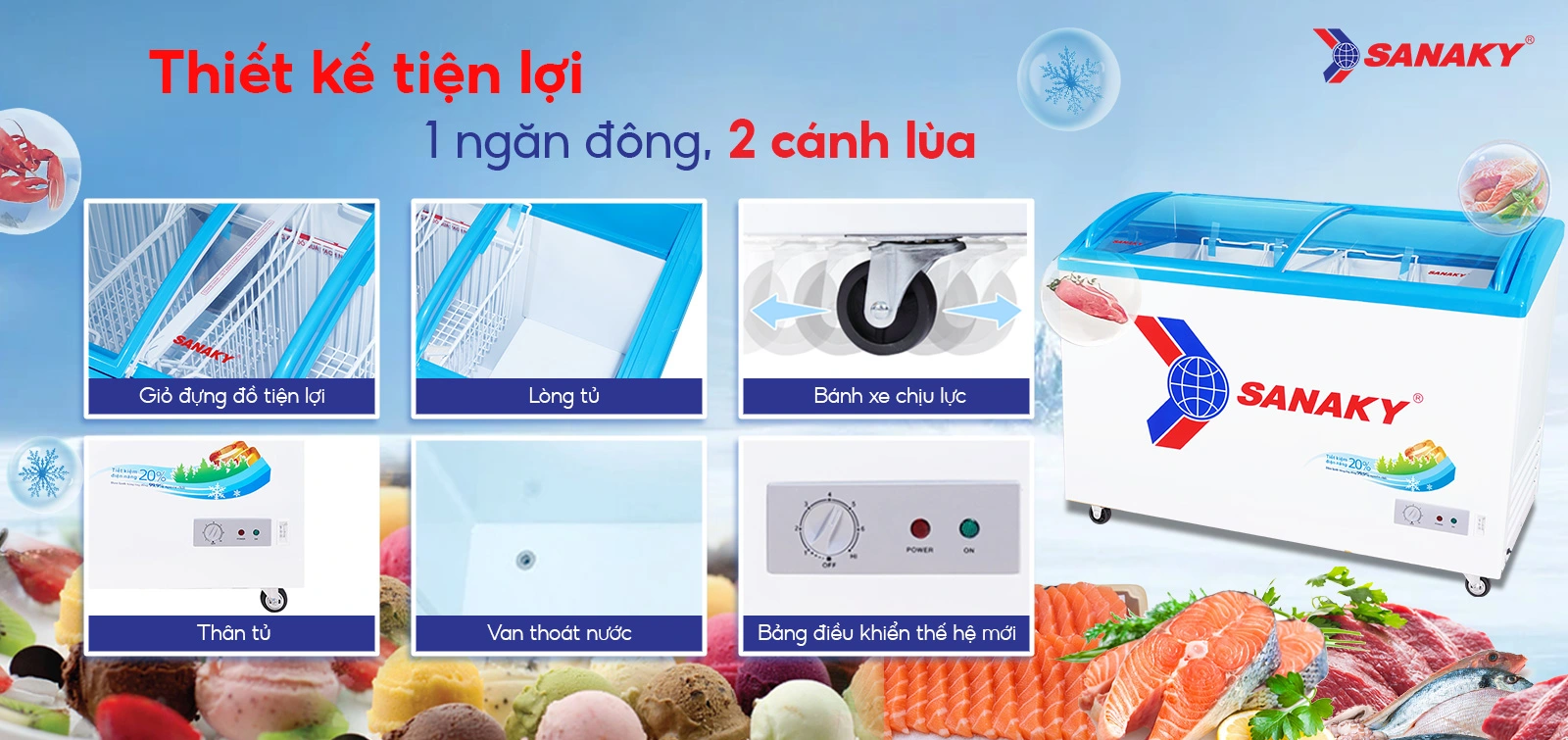 Thiết kế tiện lợi 1 ngăn đông 2 cánh lùa Tủ đông kính cong 260 lít Sanaky VH-3899K với thiết kế 1 ngăn đông 2 cánh lùa