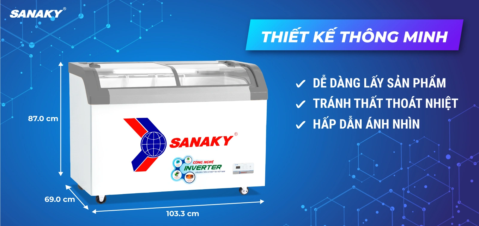 Mặt kính cong giúp trưng bày tối ưu Tủ đông kính cong 280 lít Sanaky Inverter VH-3899K3B với mặt kính cong giúp trưng bày tối ưu