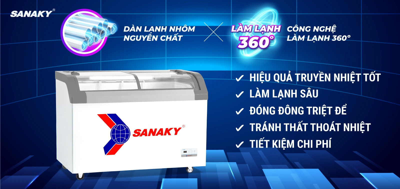Dàn lạnh nhôm kết hợp công nghệ làm lạnh 360 độ Tủ đông kính cong 280 lít Sanaky VH-382KB với dàn lạnh nhôm và công nghệ làm lạnh 360 độ