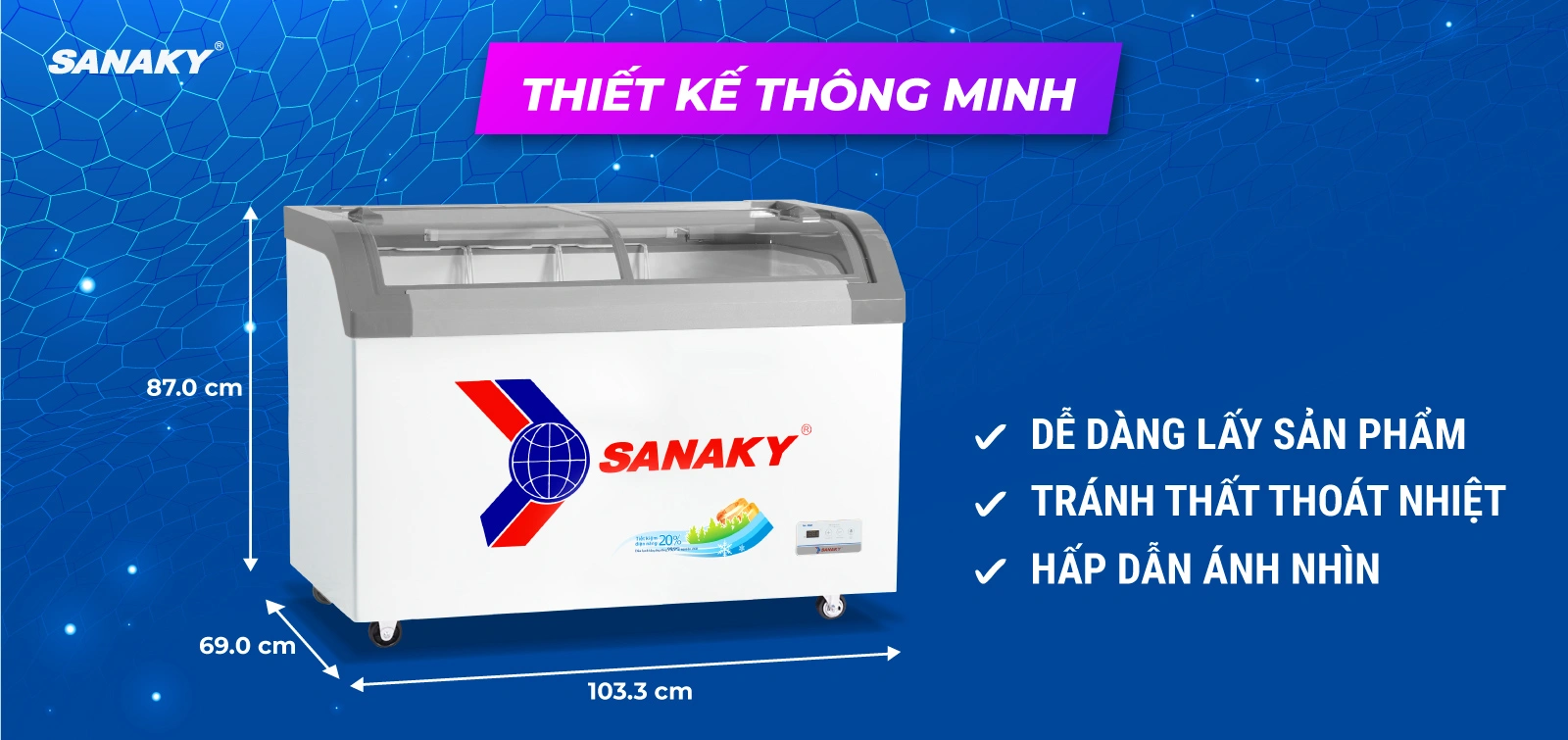 Thiết kế kính cong của Tủ Đông Sanaky VH-3899KB Thiết kế kính cong của Tủ đông kính cong 280 lít Sanaky VH-3899KB