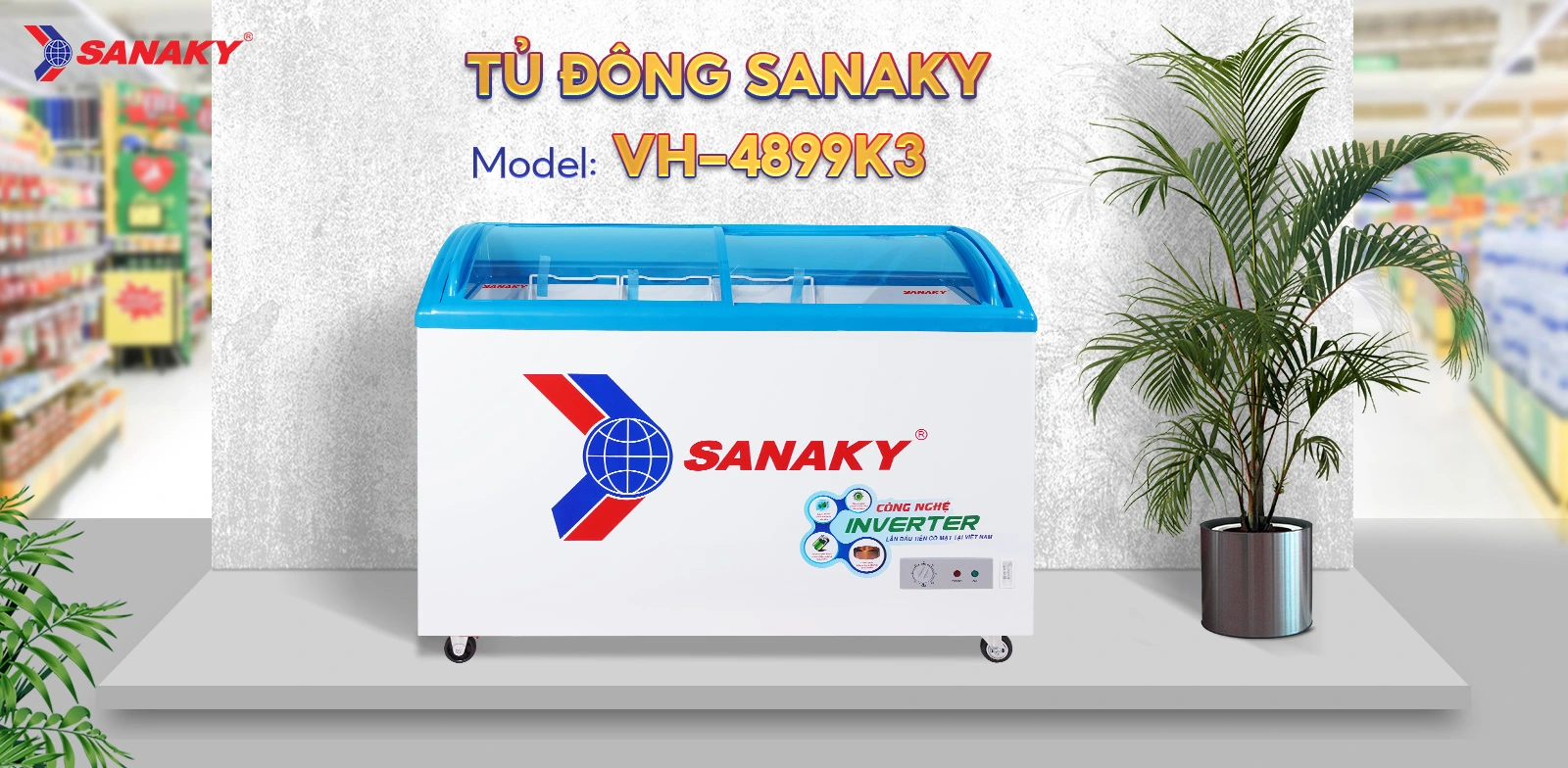 Tủ Đông Sanaky VH-4899K3 Tủ đông kính cong 324 lít Sanaky Inverter VH-4899K3 mặt kính cong màu xanh dương