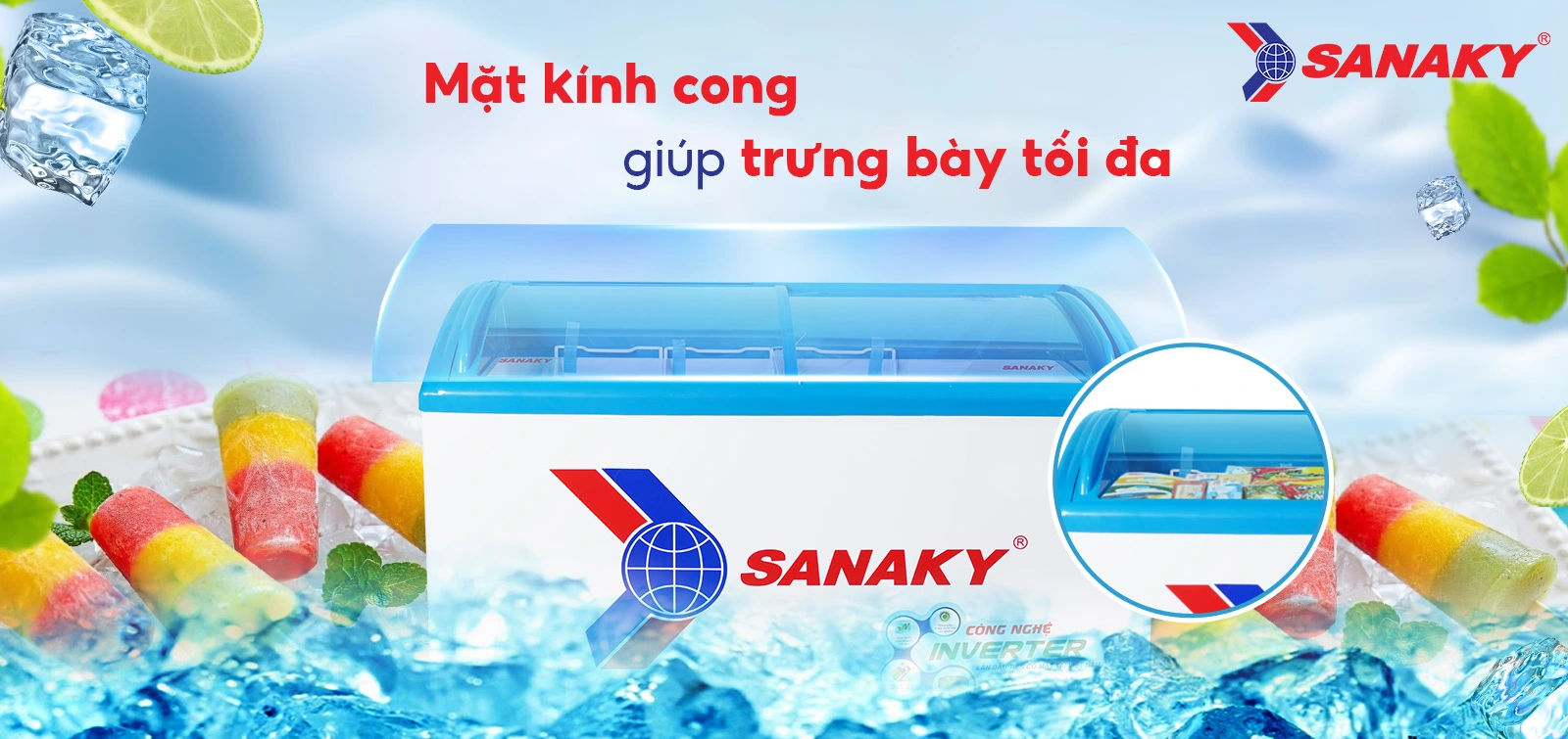 Mặt kính cong giúp trưng bày tối ưu Tủ đông kính cong 324 lít Sanaky Inverter VH-4899K3 với mặt kính cong giúp trưng bày tối ưu