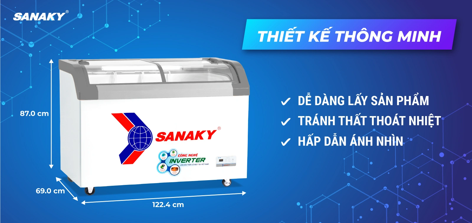 Mặt kính cong giúp trưng bày tối ưu Tủ đông kính cong 350 lít Sanaky Inverter VH-4899K3B với mặt kính cong giúp trưng bày tối ưu