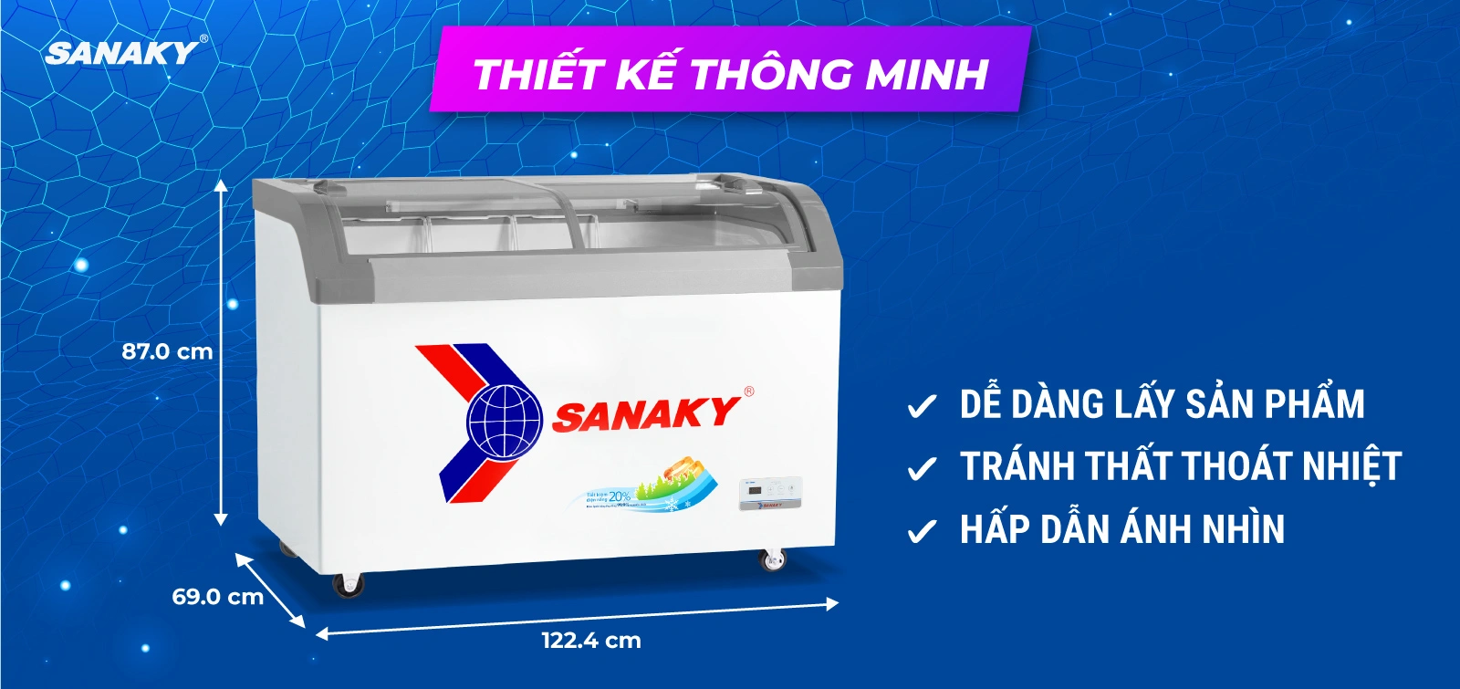 Mặt kính cong giúp trưng bày tối ưu Tủ đông kính cong 350 lít Sanaky VH-4899KB với thiết kế thông minh và mặt kính cong giúp trưng bày tối ưu