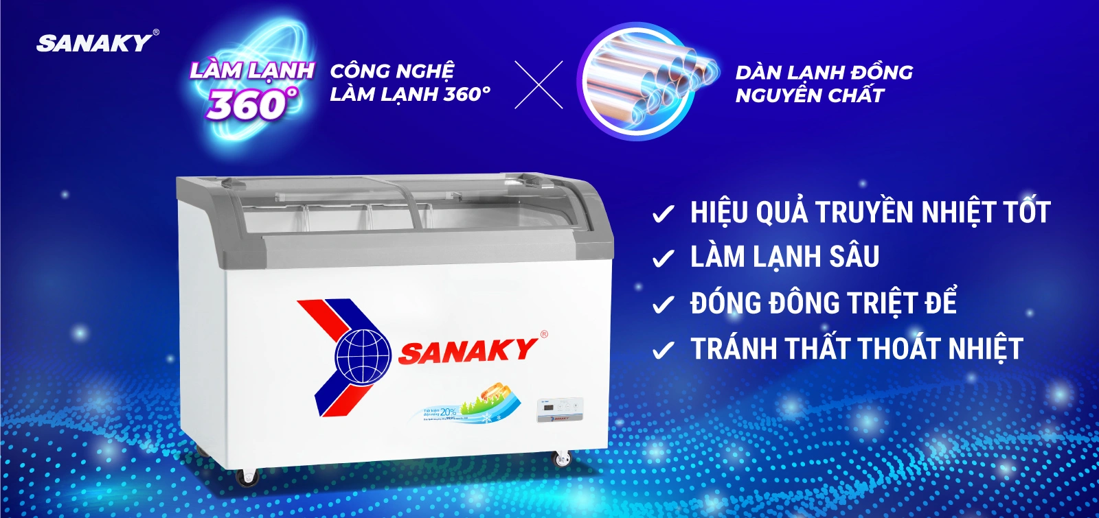 Tủ Đông Sanaky VH-4899KB có dàn lạnh được làm bằng ống đồng nguyên chất Tủ đông kính cong 350 lít Sanaky VH-4899KB với dàn lạnh đồng nguyên chất
