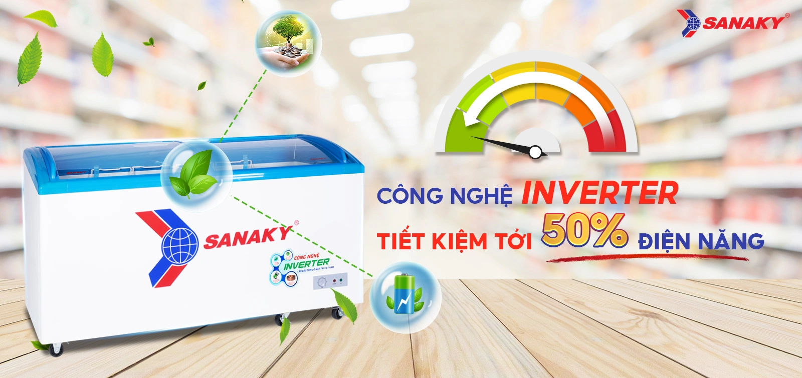Công nghệ Inverter tiết kiệm tới 50% điện điện năng Tủ đông kính cong 437 lít Sanaky Inverter VH-6899K3 tích hợp công nghệ Inverter tiết kiệm điện