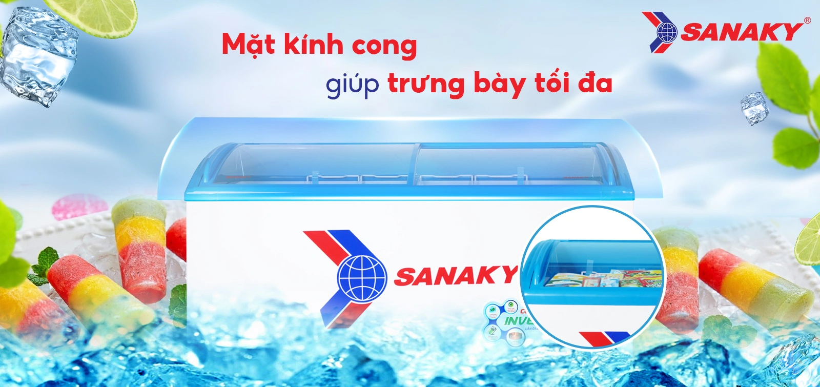 Mặt kính cong giúp trưng bày tối ưu Tủ đông kính cong 437 lít Sanaky Inverter VH-6899K3 với mặt kính cong giúp trưng bày tối ưu