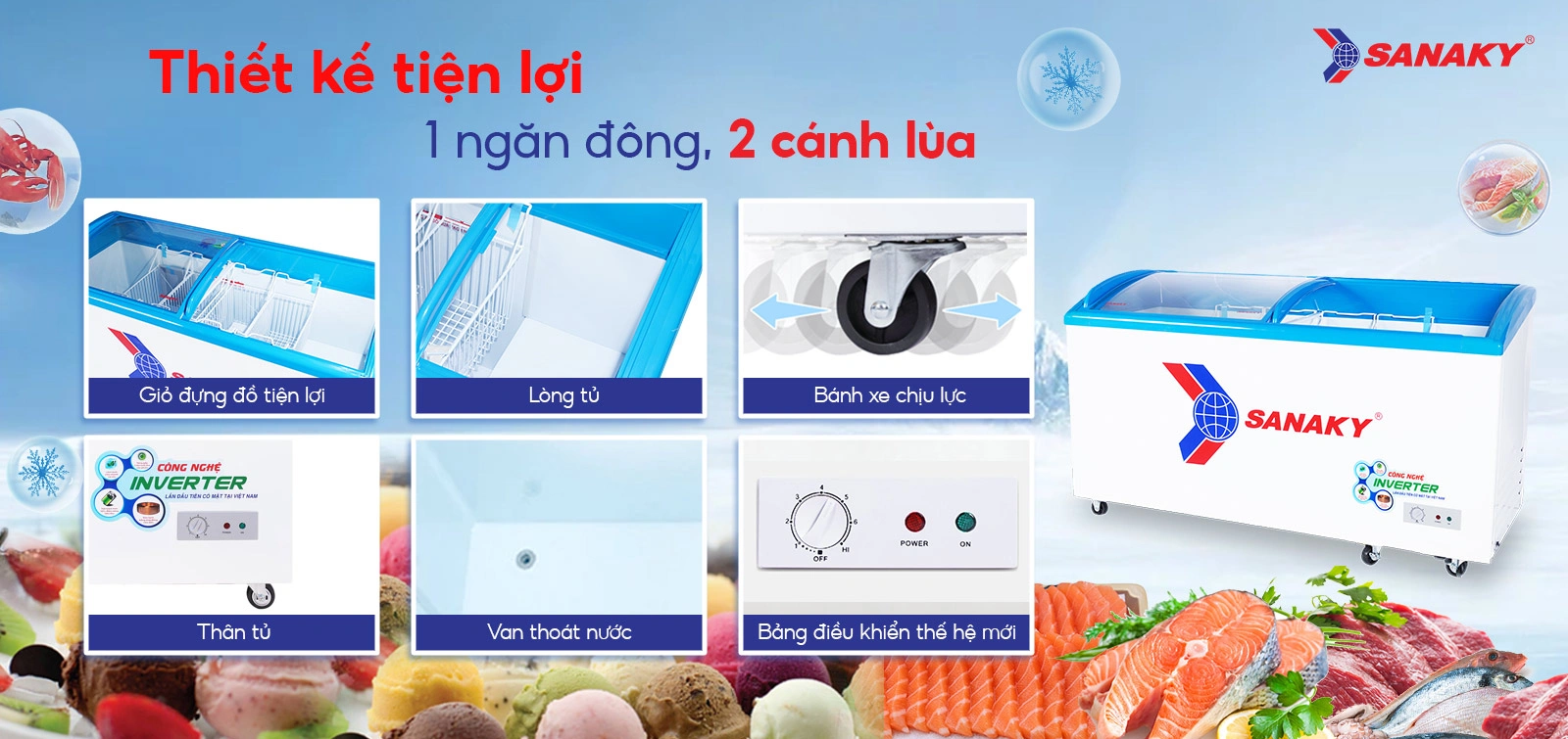 Thiết kế tiện lợi 1 ngăn đông 2 cánh lùa Tủ đông kính cong 437 lít Sanaky Inverter VH-6899K3 với thiết kế 1 ngăn đông 2 cánh lùa