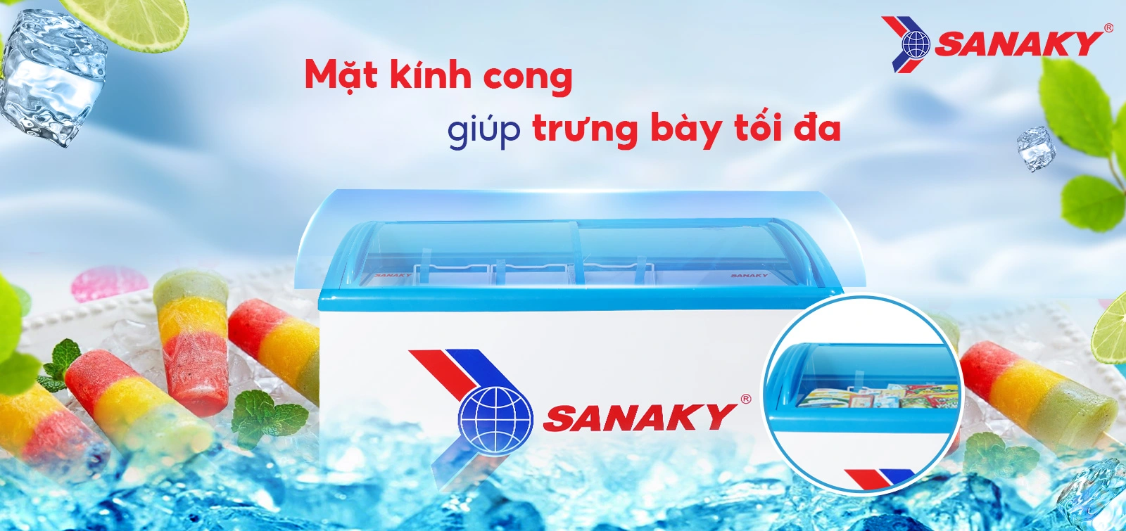 Mặt kính cong giúp trưng bày tối ưu Tủ đông kính cong 437 lít Sanaky VH-682K với mặt kính cong giúp trưng bày tối ưu