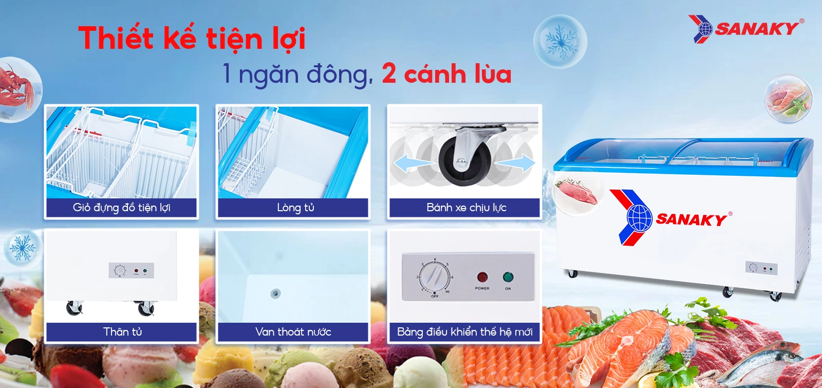 Thiết kế tiện lợi 1 ngăn đông 2 cánh lùa Tủ đông kính cong 437 lít Sanaky VH-682K với thiết kế 1 ngăn đông 2 cánh lùa