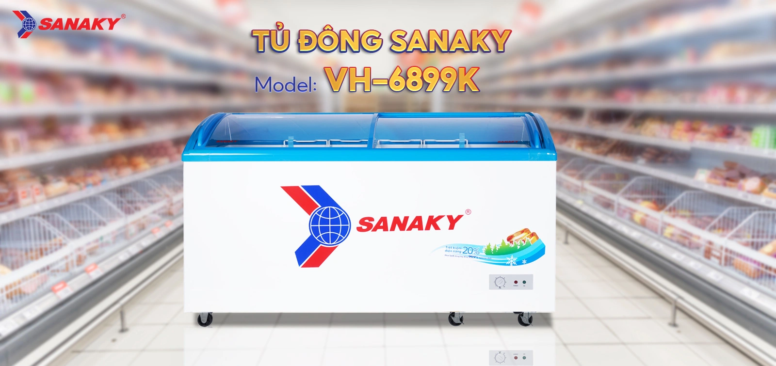 Tủ Đông Sanaky VH-6899K Tủ đông kính cong 437 lít Sanaky VH-6899K với thiết kế mặt kính cong và cánh lùa