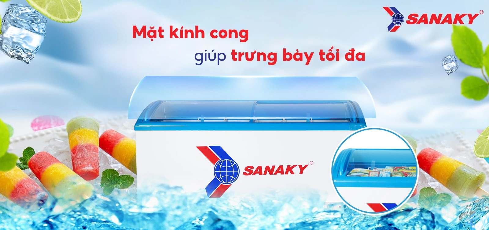 Mặt kính cong giúp trưng bày tối ưu Tủ đông kính cong 437 lít Sanaky VH-6899K với mặt kính cong giúp trưng bày tối ưu