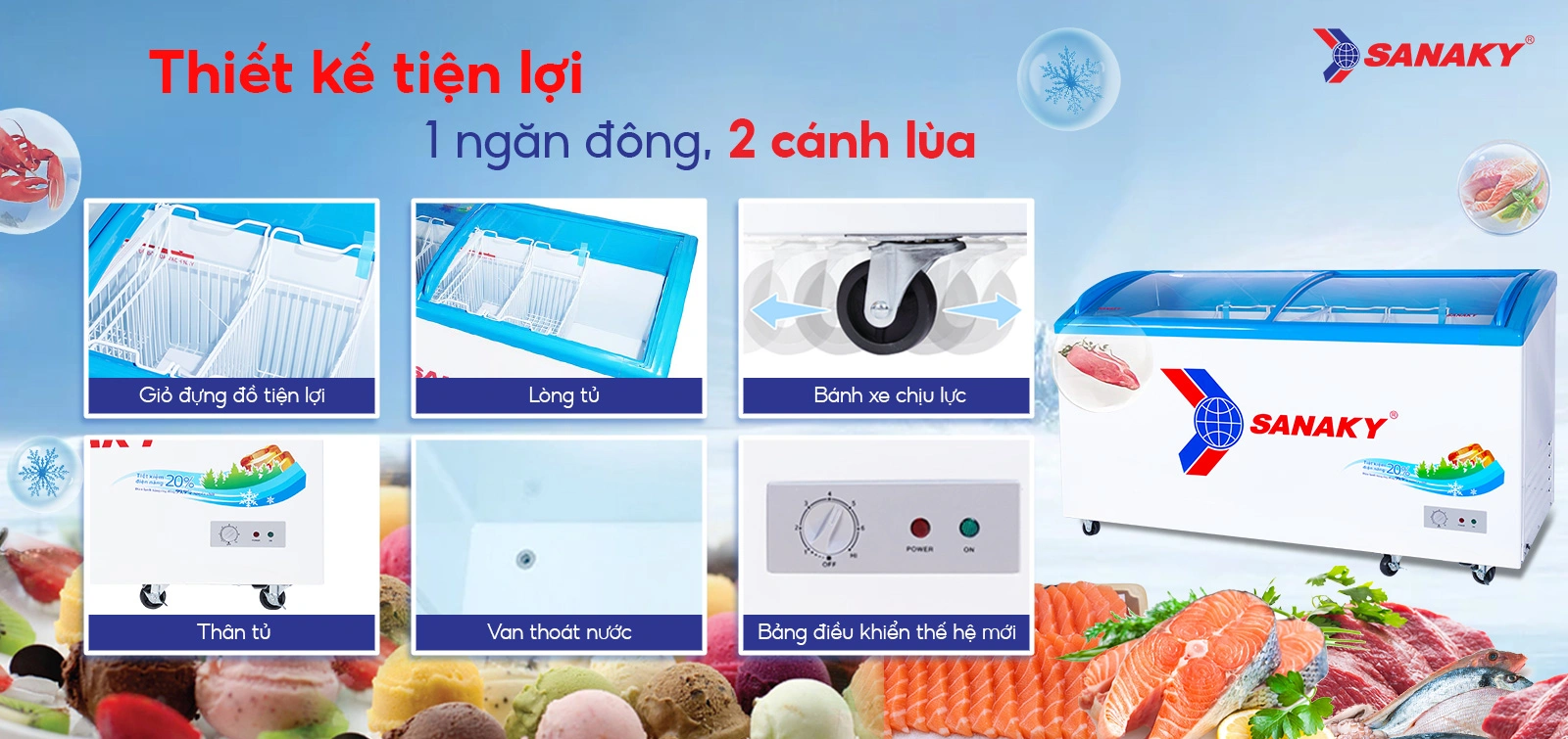 Tủ đông kính cong 437 lít Sanaky VH-6899K với thiết kế 1 ngăn đông 2 cánh lùa