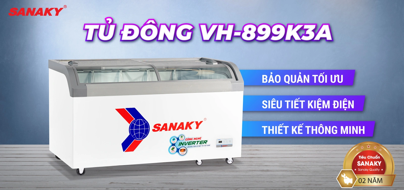 Tủ Đông Sanaky VH-899K3A Tủ đông kính cong 500 lít Sanaky Inverter VH-899K3A thiết kế mặt kính trưng bày