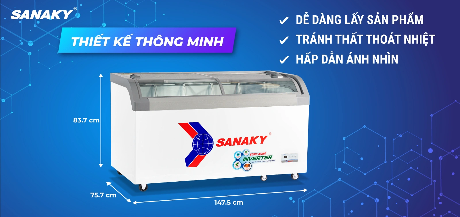 Mặt kính cong giúp trưng bày tối ưu Tủ đông kính cong 500 lít Sanaky Inverter VH-899K3A với thiết kế thông minh mặt kính cong