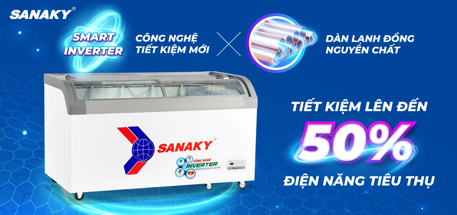 Dàn lạnh đồng kết hợp Công nghệ làm lạnh 360 độ Tủ đông kính cong 500 lít Sanaky Inverter VH-899K3A với dàn lạnh đồng và công nghệ làm lạnh 360 độ