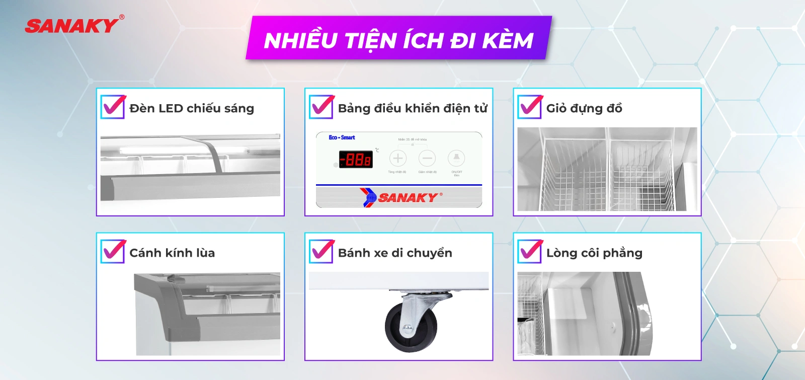 Thiết kế tiện lợi 1 ngăn đông 2 cánh lùa Tủ đông kính cong 500 lít Sanaky Inverter VH-899K3A với nhiều tiện ích đi kèm