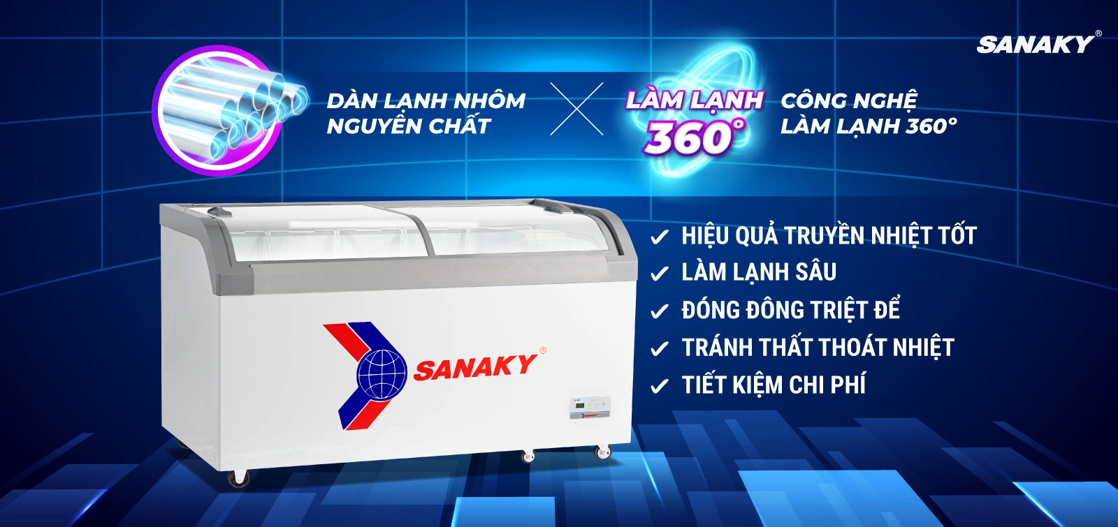 Dàn lạnh nhôm kết hợp công nghệ làm lạnh 360 độ Tủ đông kính cong 500 lít Sanaky VH-888KA với dàn lạnh nhôm và công nghệ làm lạnh 360 độ
