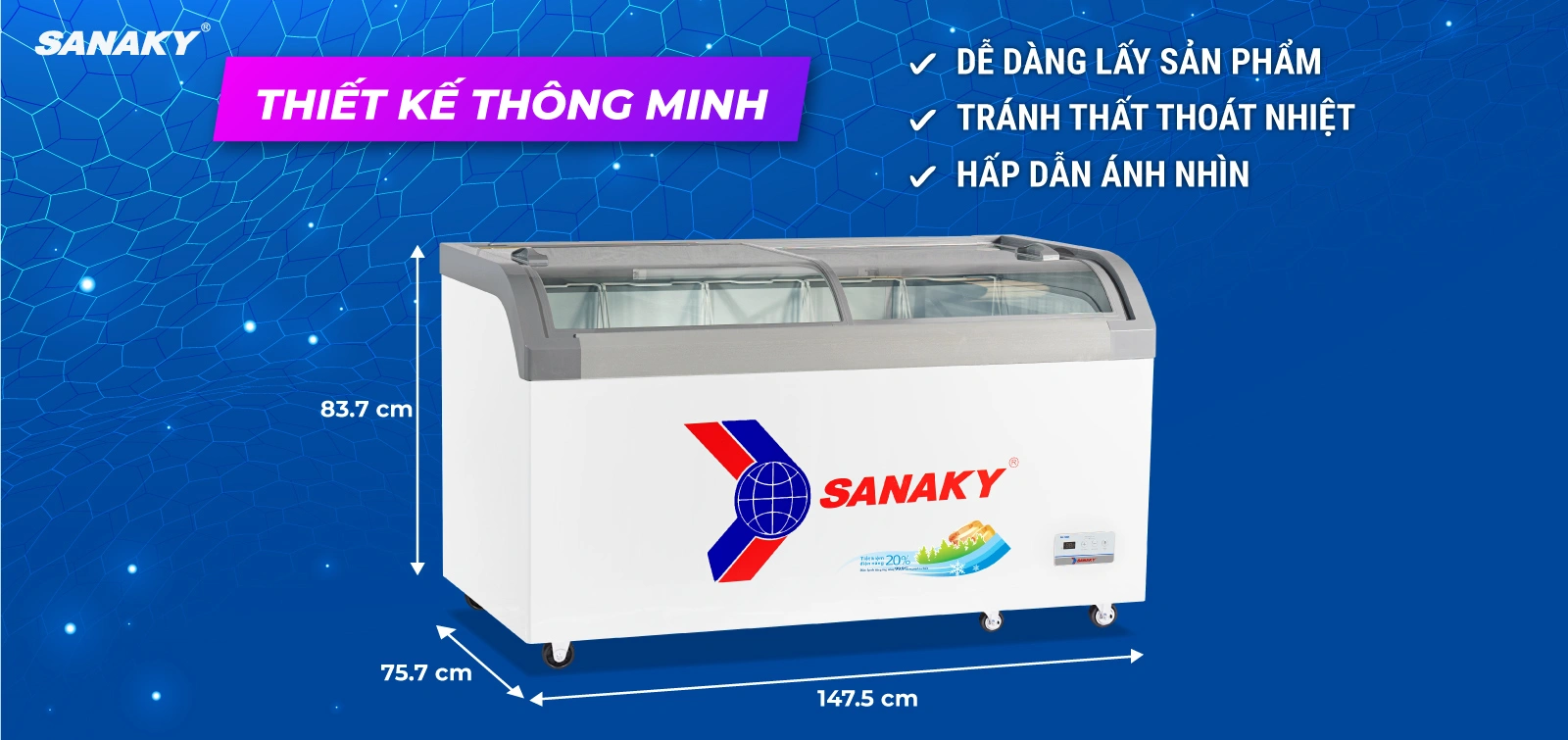 Thiết kế kính cong của Tủ Đông Sanaky VH-899KA mang đến nhiều ưu điểm vượt trội: Tủ đông kính cong 500 lít Sanaky VH-899KA với thiết kế mặt kính cong trưng bày sản phẩm