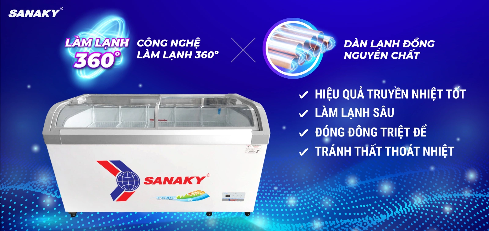 Dàn lạnh đồng kết hợp Công nghệ làm lạnh 360 độ Tủ đông kính cong 500 lít Sanaky VH-899KA với dàn lạnh đồng và công nghệ làm lạnh 360 độ