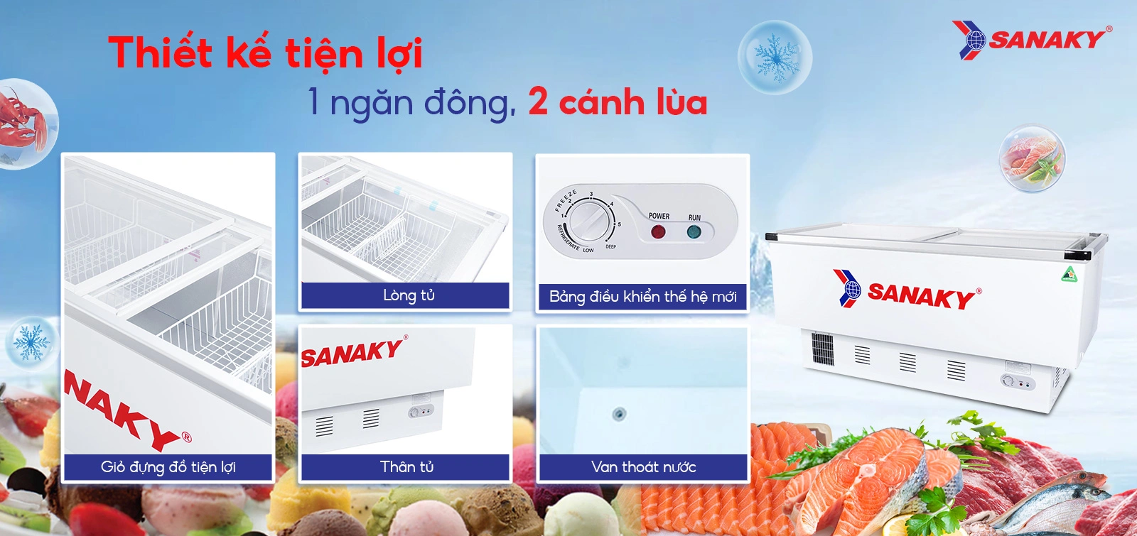 Thiết kế tiện lợi 1 ngăn đông 2 cánh lùa Tủ đông kính cong 516 lít Sanaky VH-999K thiết kế tiện lợi với 1 ngăn đông và 2 cánh lùa