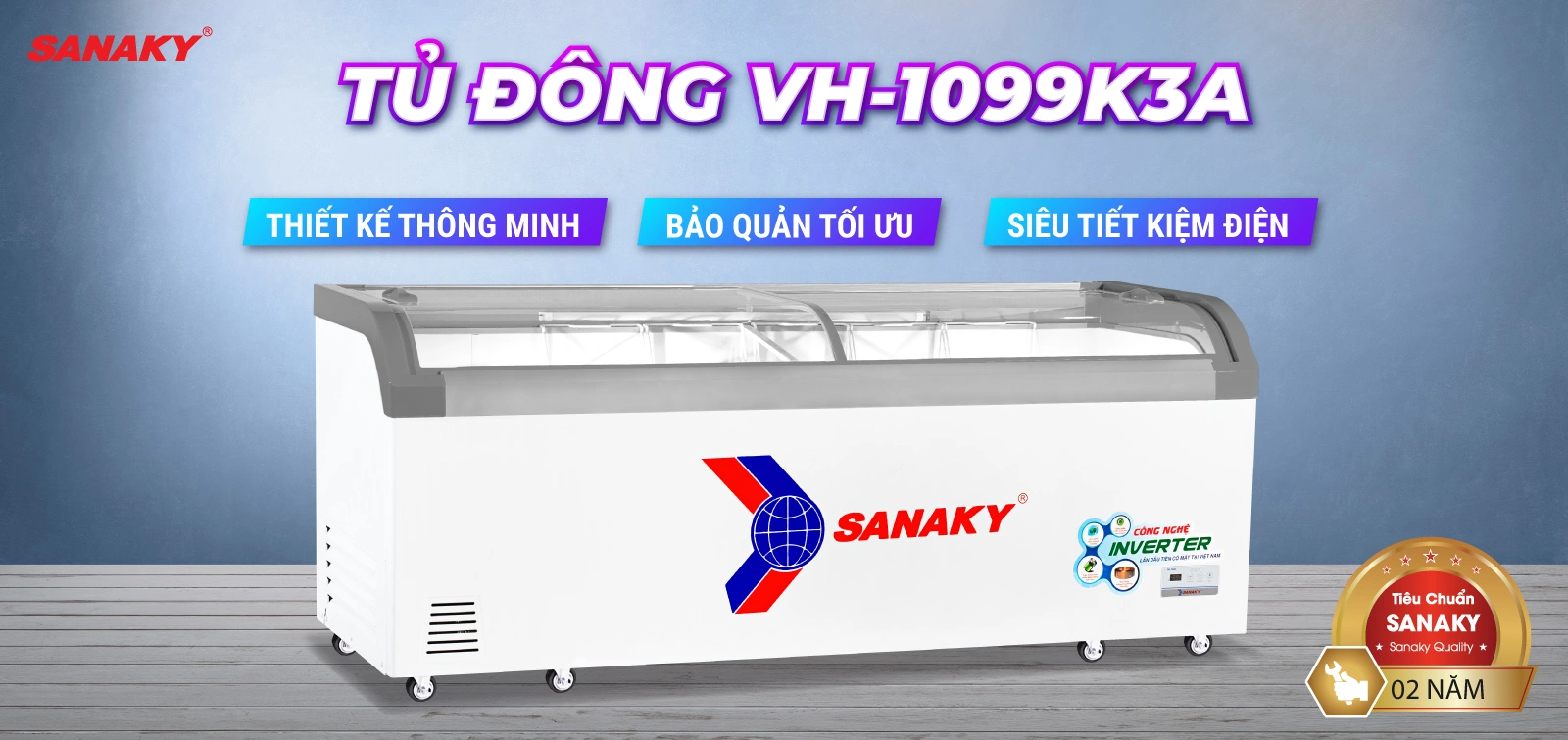 Tủ Đông Sanaky VH-1099K3A Tủ đông kính cong 750 lít Sanaky Inverter VH-1099K3A thiết kế mặt kính trưng bày