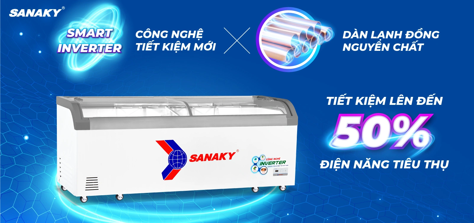 Công nghệ Inverter tiết kiệm tới 50% điện điện năng Tủ đông kính cong 750 lít Sanaky Inverter VH-1099K3A tích hợp công nghệ Inverter và dàn lạnh đồng